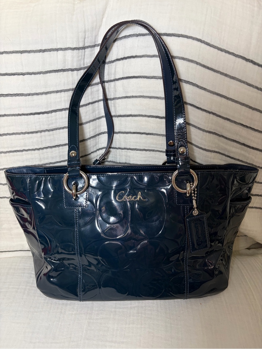 Coach Signature Embossed Patent Leather Tote Dark Teal Blue